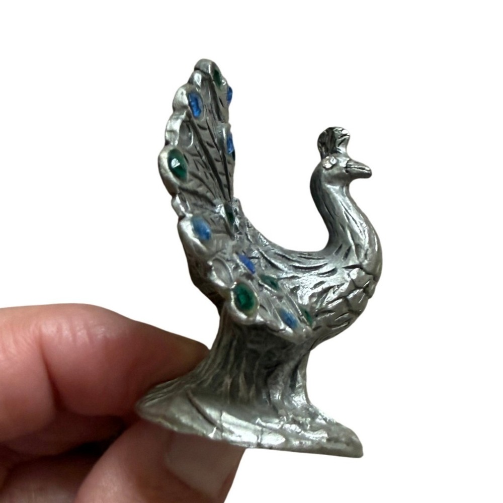 Vintage Pewter Peacock Figurine Miniature Blue Green Rhinestone Jewel Tail - Picture 7 of 13